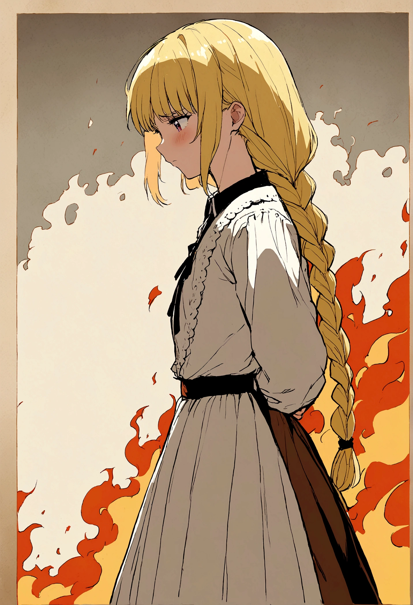 slavian girl anime fire on background, the village is burning, the girl is standing sideways, blonde, long braid, sad