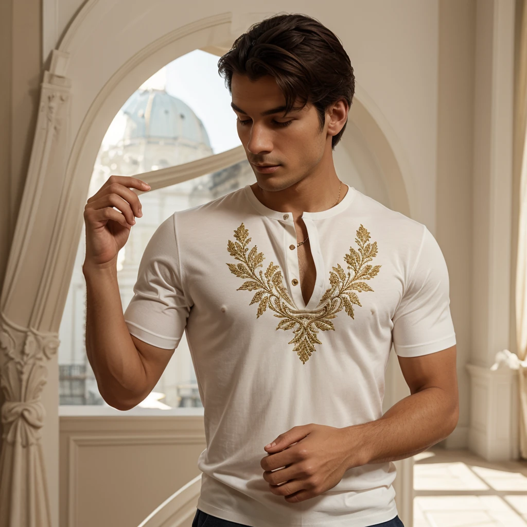 For example, envision a t-shirt with a subtle nod to Italian Renaissance motifs, featuring a soft color palette and a tailored fit that exudes Italian elegance. ,for mens,The design could incorporate fine embroidery along the neckline or cuffs, adding a touch of opulence to the garment. Remember, the goal is to create a design concept that epitomizes European-style fashion in a contemporary and wearable way