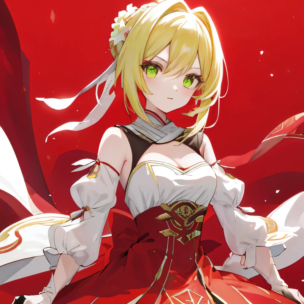 Lumine, sozinha, cabelo loiro, olhos verdes, vestido vermelho, roupa da Nero Claudius