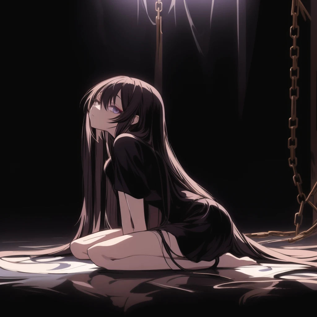Anime girl sitting on the floor with chains around her, the anime girl squats, beautiful squatting anime girl, von Jin Homura, 4K-Anime-Hintergrundbild, gefesselt in der Leere, gapmoe yandere grimdark, Anime-Wallpaper, anime visual of a cute girl, gothic girl anime girl, Anime-Kunst-Tapete 8 k, Anime girl wearing a black dress