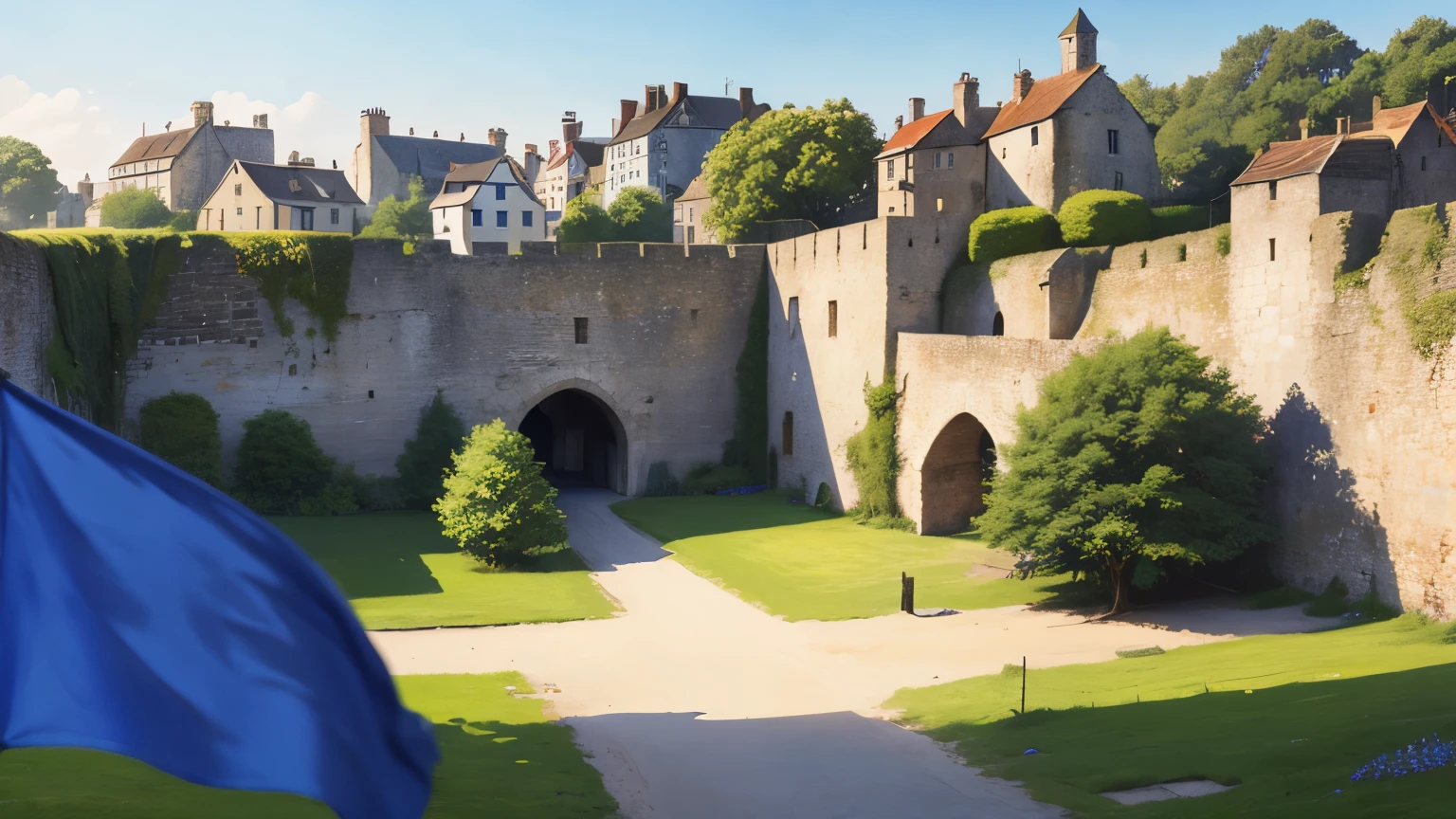 (Different world scene,Medieval military camp,City Wall),summer,Fence,Blue flag,