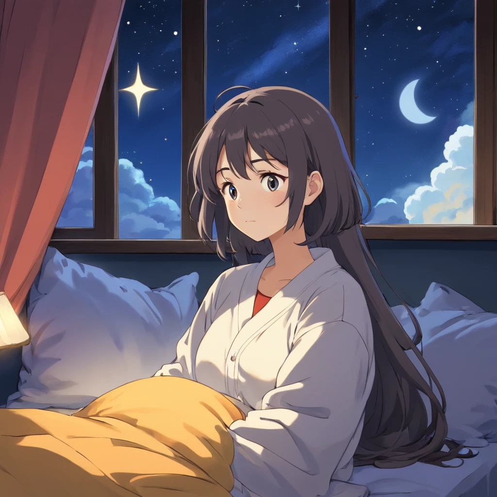 Mujer no puede dormir con insomnio triste con pijama negra con las iniciales mcp y la cama gris y de noche al fondo en la ventana de la habitacion hay estrellas y una luna estilo anime del estudio ghibli 