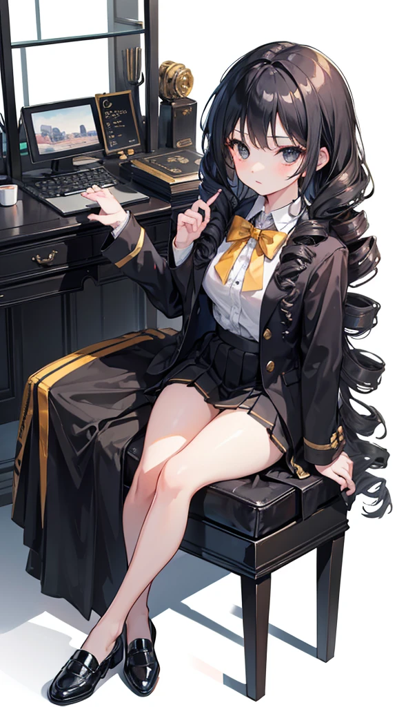 solo,Girl,Lady sitting,Gorgeous curly hair,Black eyes,Very long black hair,Black leather shoes,drill curls,Golden school uniform,sit on the chair,White background,Pursed lips