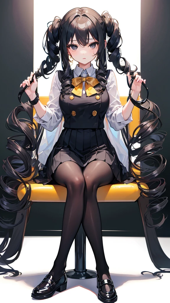 solo,Girl，Lady sitting，Gorgeous curly hair，Black eyes，Very long black hair，Black leather shoes，drill curls，Golden school uniform，sit on the chair，White background，Pursed lips