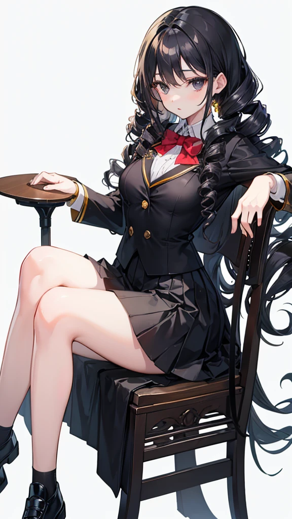 solo,Girl，Lady sitting，Gorgeous curly hair，Black eyes，Very long black hair，Black leather shoes，drill curls，Golden school uniform，sit on the chair，White background，Pursed lips