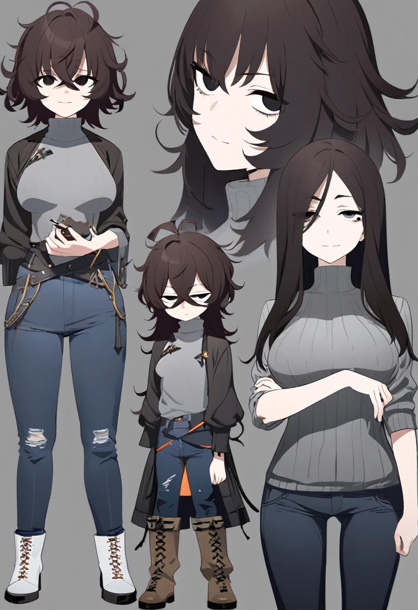 One Woman,Downer,older sister,Concept Art,Dark brown hair,Straight hair with slight inward curls,Staring eyes,Eye Ridge,black eye,Crossed bangs,whole body,smile,Slightly larger breasts,Gray background,Bangs that reach down to the eyes,Messy hair,Tight dark jeans,Gray turtleneck sweater,Multiple views of the same character,Character Design,Dark circles under the eyes,Bad look,Listless,Sloppy,Silver Jewelry,Cafe staff,Holding a cigarette,whole bodyCharacter Design,Detailed hands,Height: 170cm,boots,fleshy,