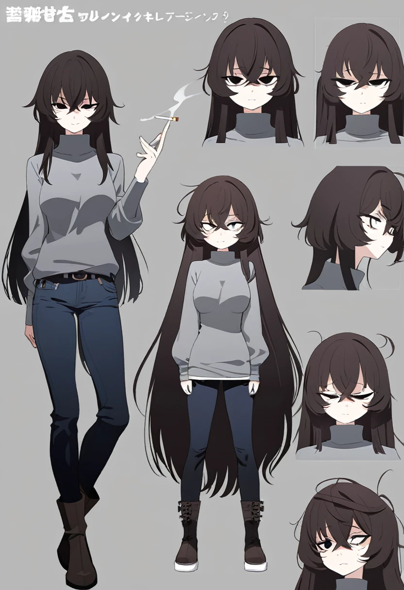 One Woman,Downer,older sister,Concept Art,Dark brown hair,Straight hair with slight inward curls,Staring eyes,Eye Ridge,black eye,Crossed bangs,whole body,smile,Slightly larger breasts,Gray background,Bangs that reach down to the eyes,Messy hair,Tight dark jeans,Gray turtleneck sweater,Multiple views of the same character,Character Design,Dark circles under the eyes,Bad look,Listless,Sloppy,Silver Jewelry,Cafe staff,Holding a cigarette,whole bodyCharacter Design,Detailed hands,Height: 170cm,boots,fleshy,