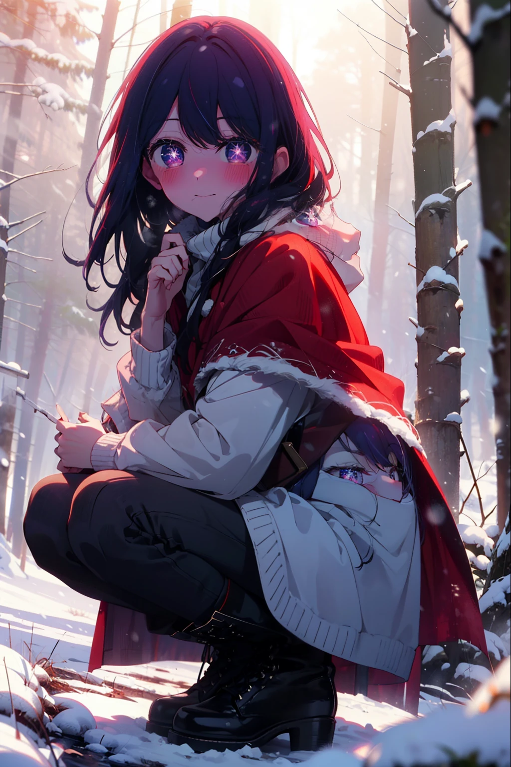 aihoshino, ai hoshino, Long Hair, bangs, (Purple eyes:1.1), Purple Hair, (Symbol-shaped pupil:1.5), smile,,smile,blush,White Breath,
Open your mouth,snow,Ground bonfire, Outdoor, boots, snowing, From the side, wood, suitcase, Cape, Blurred, , forest, White handbag, nature, Squat, Mouth closed, Cape, winter, Written boundary depth, Black shoes, red Cape break looking at viewer, Upper Body, whole body, break Outdoor, forest, nature, break (masterpiece:1.2), Highest quality, High resolution, unity 8k wallpaper, (shape:0.8), (Beautiful and beautiful eyes:1.6), Highly detailed face, Perfect lighting, Extremely detailed CG, (Perfect hands, Perfect Anatomy),