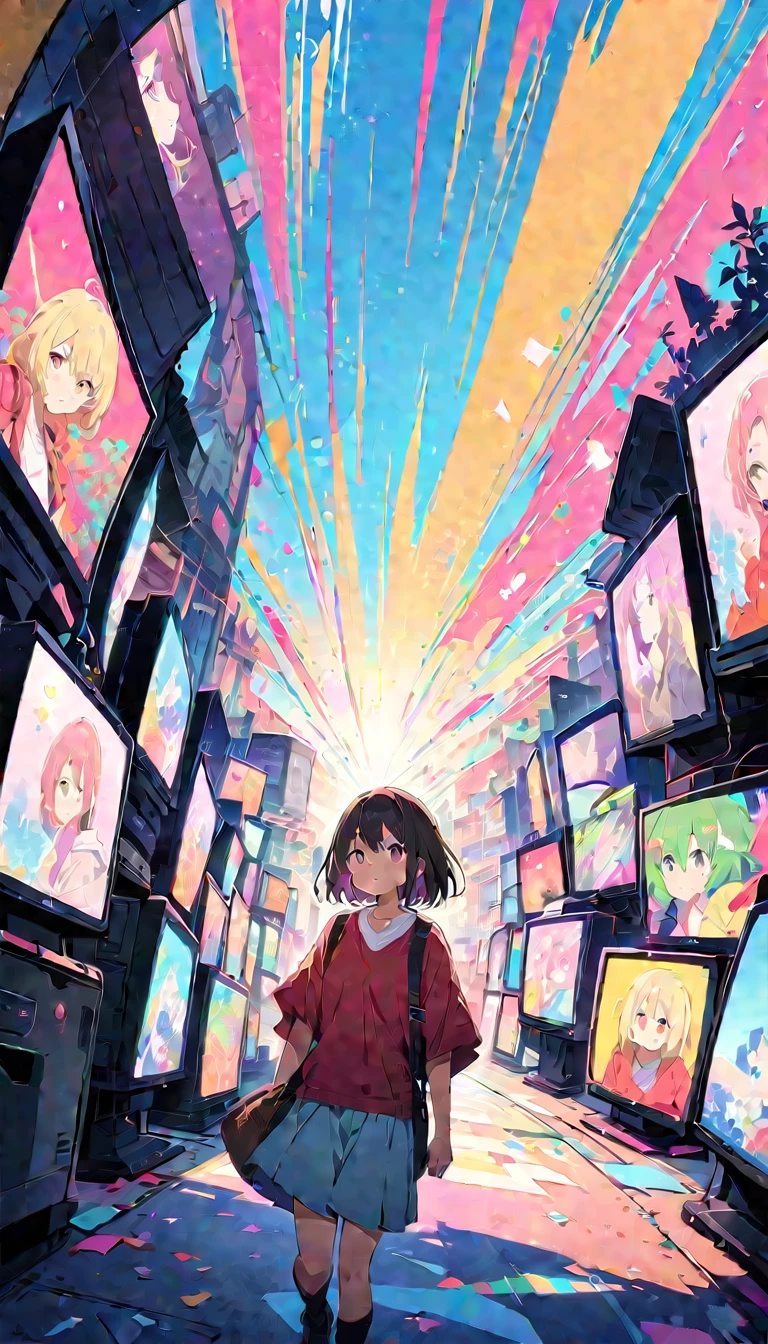 anime style, Ultra-fine illustrations, highly detailed, Dynamic Angle, beautiful detailed, 8k, In front of many CRT TVs, break various programs are being broadcasted. A woman stares at them, break smiling amidst the colorful scenes.(Highest quality、masterpiece、High resolution、detailed)animeスタイル、Flat Style、(Shining Eyes、detailed美しい顔),  break,Dynamic Angle、anime