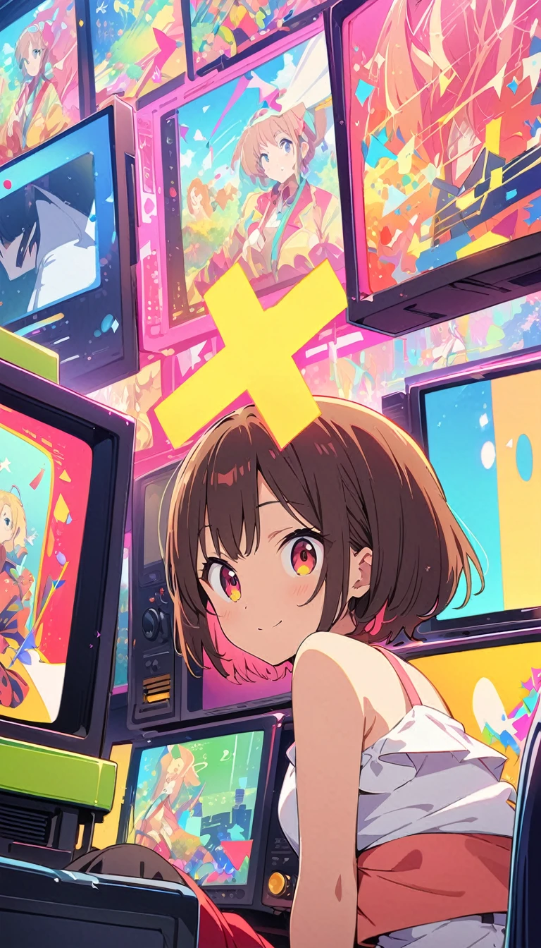 anime style, Ultra-fine illustrations, highly detailed, Dynamic Angle, beautiful detailed, 8k, In front of many CRT TVs, break various programs are being broadcasted. A woman stares at them, break smiling amidst the colorful scenes.(Highest quality、masterpiece、High resolution、detailed)animeスタイル、Flat Style、(Shining Eyes、detailed美しい顔),  break,Dynamic Angle、anime