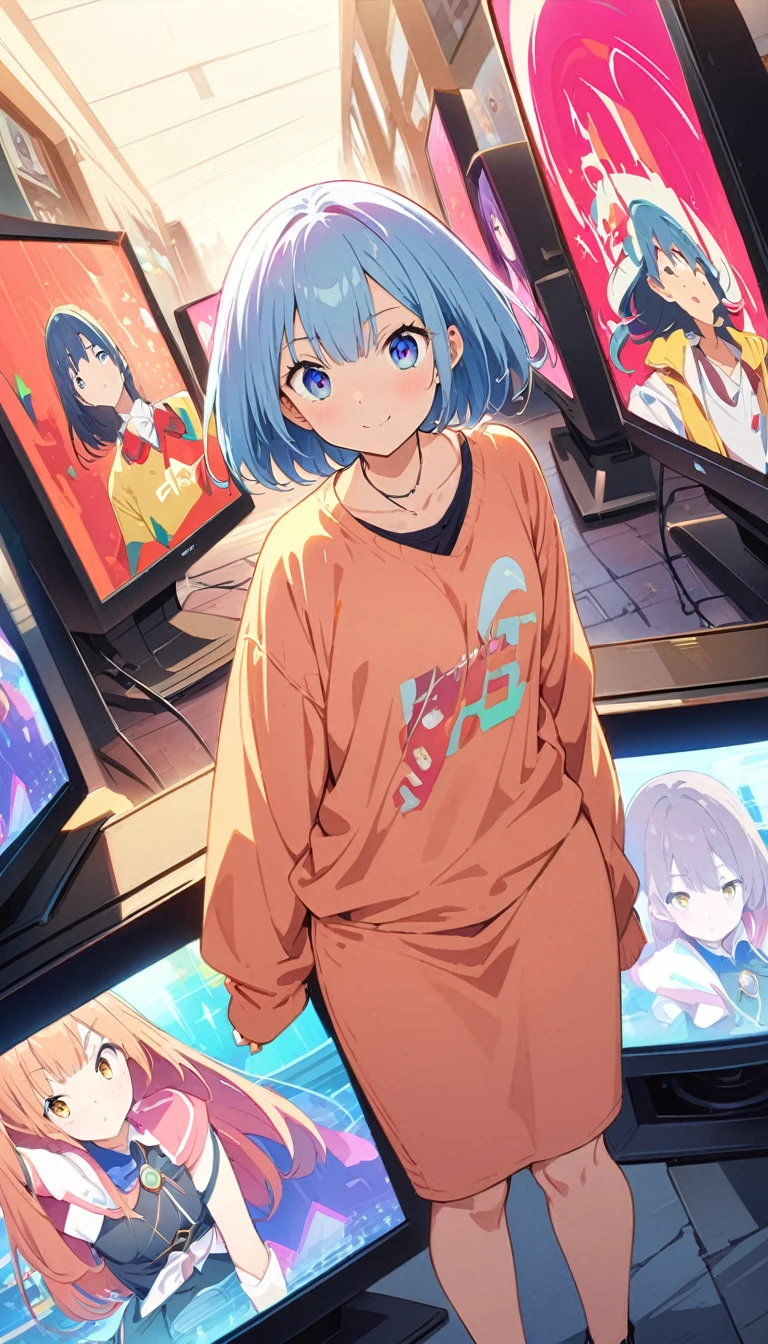 anime style, Ultra-fine illustrations, highly detailed, Dynamic Angle, beautiful detailed, 8k, In front of many CRT TVs, break various programs are being broadcasted. A woman stares at them, break smiling amidst the colorful scenes.(Highest quality、masterpiece、High resolution、detailed)animeスタイル、Flat Style、(Shining Eyes、detailed美しい顔),  break,Dynamic Angle、anime