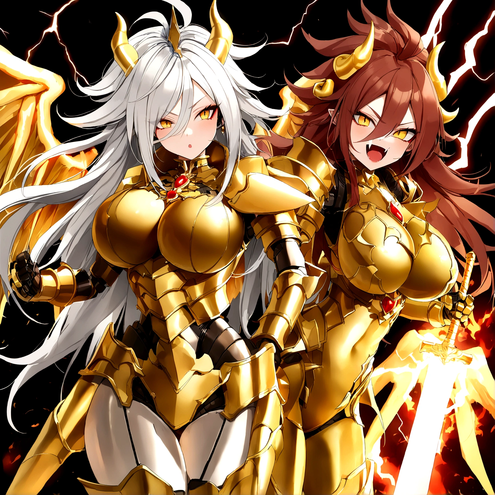 ((Lightning Power)), ((Electricity)), ((Fire Background)), ((Lightning Storm)), ((Power Erupting)),((((android 21 Evil)))), (((white Coat))), (((Busty))), (((((Big breast:1,3)))), luxury bustier corset, (((silver hair))), (((Very slim waist))), propotional body, ((Gorgeous)), (((gold wings))), masterpiece, hyperdetail, ambient effect, digital effect, (((Vampire Fangs))), (((FIRE SWORD)), (((Lightning Sword))), (((Fire Gold Armor))), (((Lightning Gold Wings))), (((Fire Blazing Horns)))