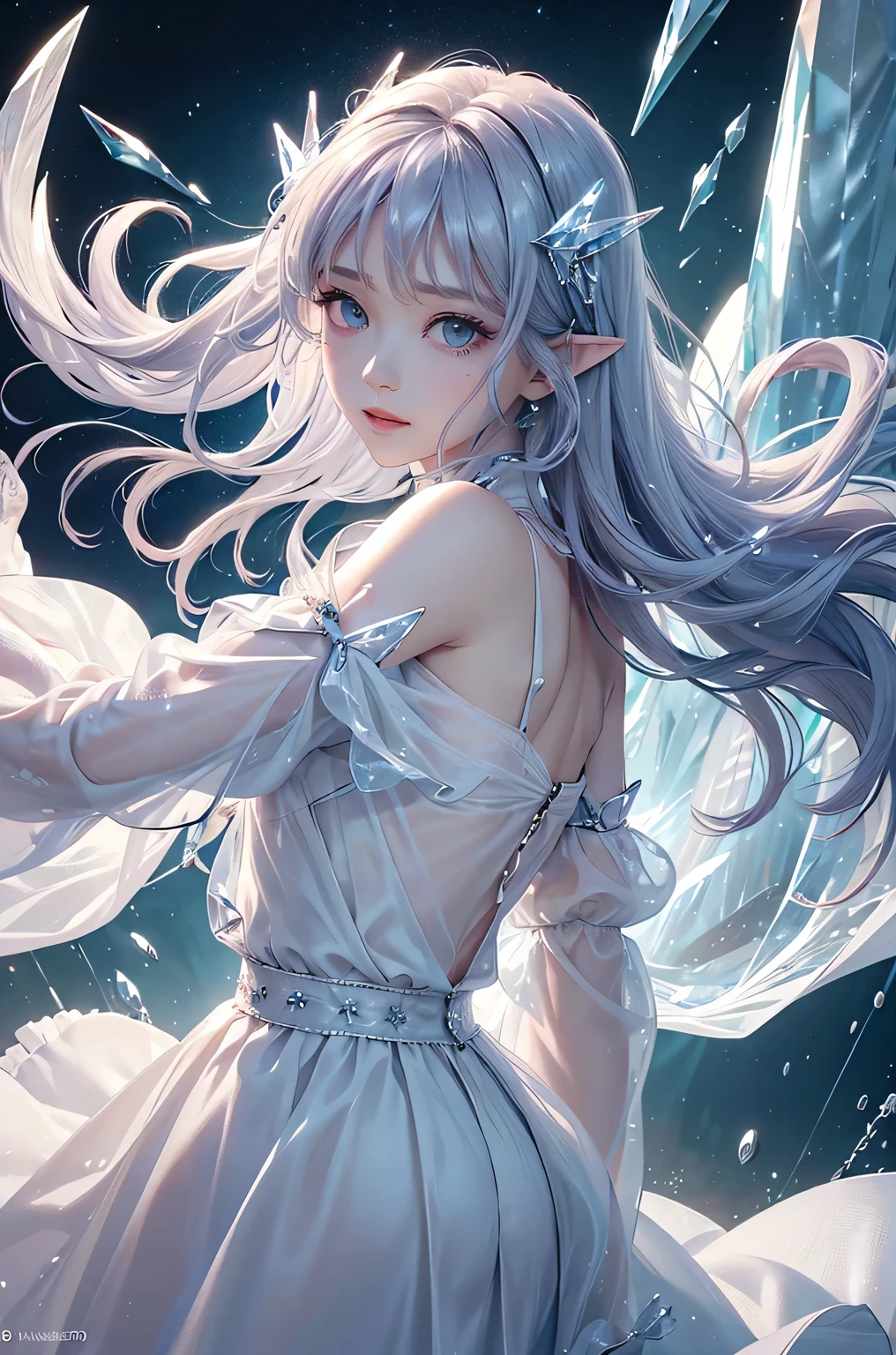 (masterpiece、Highest quality、Highest、Official Art、Beautiful and aesthetic、Long Exposure:1.2)、Smooth movement、Attractive patterns、One Girl、(Long dress with sleeves:1.3)、(((White clothes)))、Upper body close-up、Exposing shoulders、Korean Girls、smile、Light purple long hair、Portraiture、solo、Upper body、Looking at the observer、Detailed Background、Detailed face、(Crystallized AI、Crystal Theme:1.1)、Elemental Wind Elf、Rotating Wind、 Wind、White crystal clothes、Off the shoulder、Dynamic pose、Suspended particles、Aether Dynamics、Wind、vapor、背景にWind、White Tone、Wind、Ethereal atmosphere、