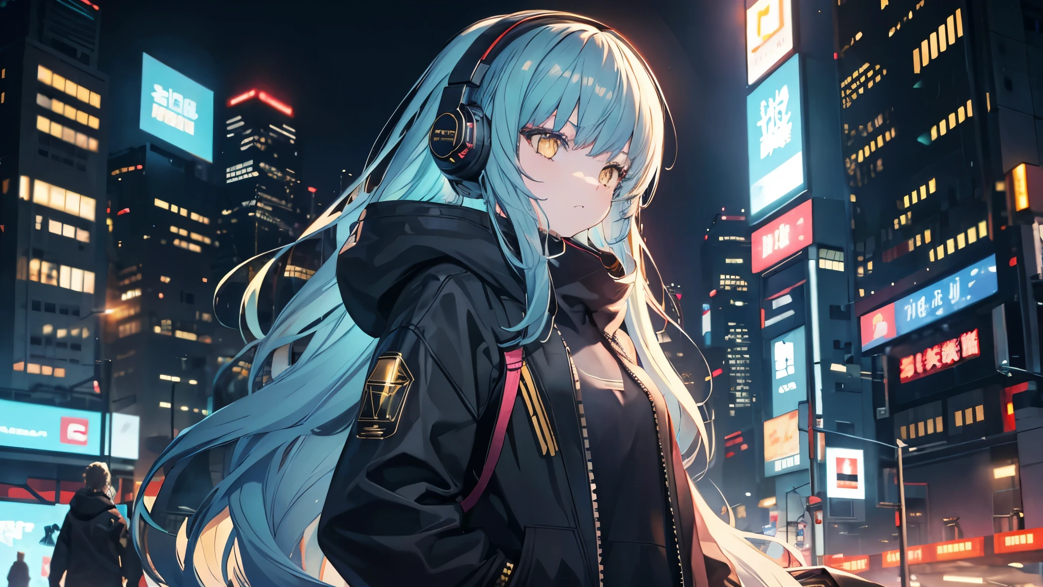 Golden Eyes、Cyberpunk City、Medium Long Hair、Wearing cool headphones,{{{{{{{{ Oversized black hoodie }}}}}}}},beautiful and delicate Golden Eyes,thought,Black clothes,