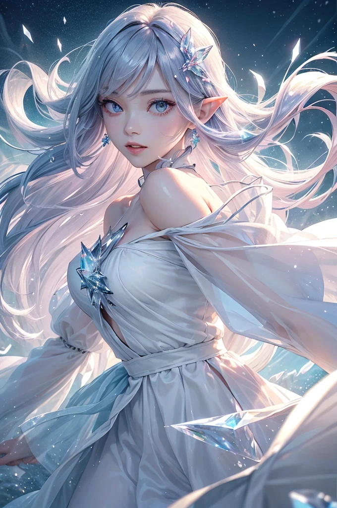 (masterpiece、Highest品質、Highest、Official Art、Beautiful and aesthetic、Long Exposure:1.2)、Smooth movement、Attractive patterns、One Girl、(Long dress with sleeves:1.3)、(((White clothes)))、Upper body close-up、Exposing shoulders、Korean Girls、smile、Light purple long hair、Portraiture、solo、Upper body、Looking at the observer、Detailed Background、Detailed face、(Crystallized AI、Crystal Theme:1.1)、Elemental Wind Elf、回転Wind、 Wind、White crystal clothes、Off the shoulder、Dynamic pose、Suspended particles、Aether Dynamics、旋Wind、vapor、背景に旋Wind、White Tone、旋Wind、Ethereal atmosphere、