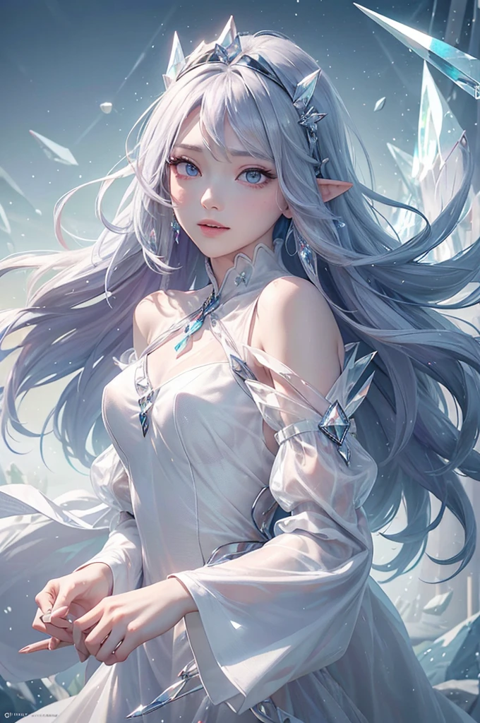 (masterpiece、Highest品質、Highest、Official Art、Beautiful and aesthetic、Long Exposure:1.2)、Smooth movement、Attractive patterns、One Girl、(Long dress with sleeves:1.3)、(((White clothes)))、Upper body close-up、Exposing shoulders、Korean Girls、smile、Light purple long hair、Portraiture、solo、Upper body、Looking at the observer、Detailed Background、Detailed face、(Crystallized AI、Crystal Theme:1.1)、Elemental Wind Elf、回転Wind、 Wind、White crystal clothes、Off the shoulder、Dynamic pose、Suspended particles、Aether Dynamics、旋Wind、vapor、背景に旋Wind、White Tone、旋Wind、Ethereal atmosphere、