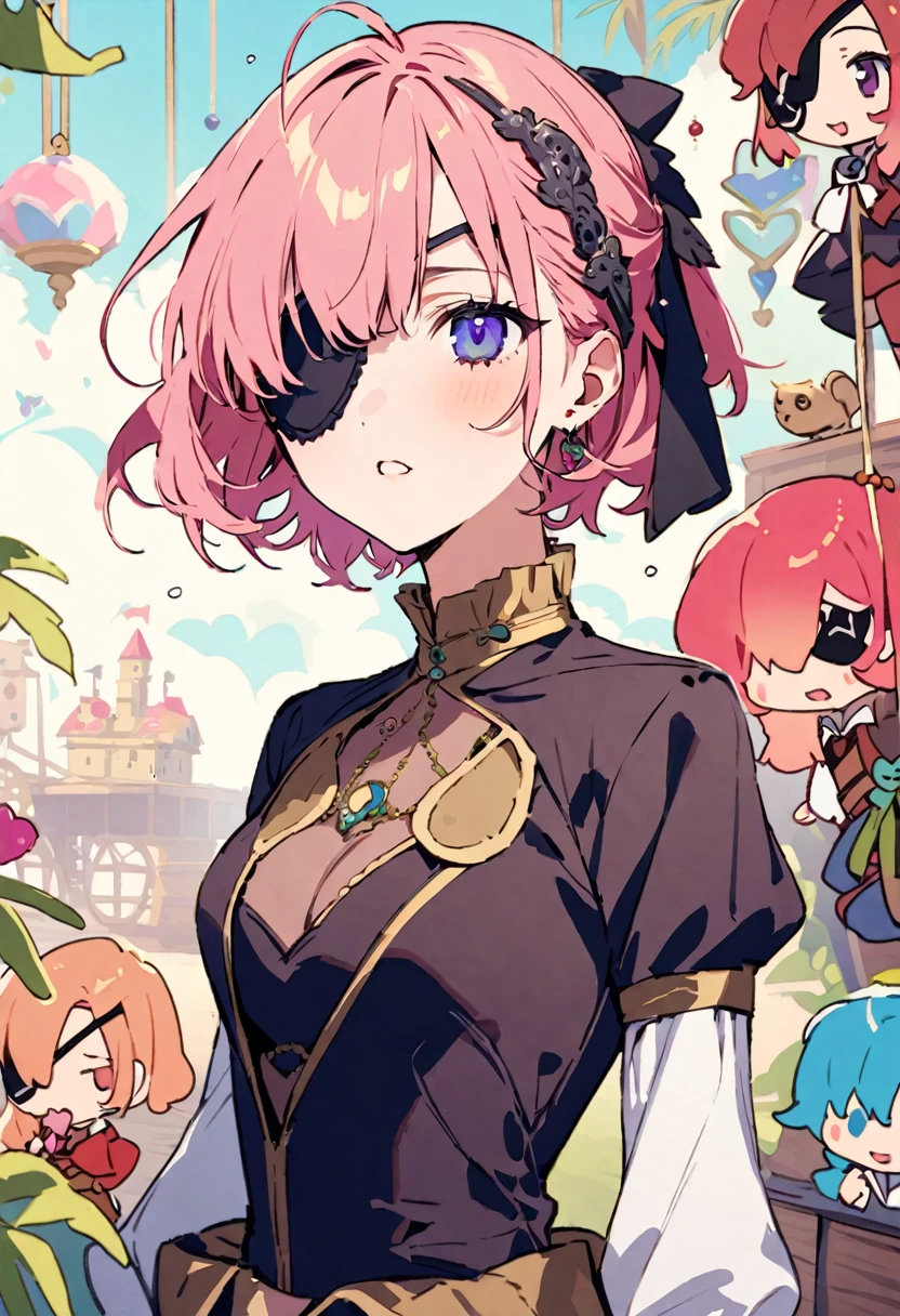 masterpiece, Highest quality, Illustration of the novel, High resolution, 18+ Adult content, Sensual, Intimate, Emotional, Passionate, romantic, sweet, Adorable, Innocent, Pure, charmな, charmな, charm, mysterious, charmな, charmな, Immersive, charmな, dream-like, Surreal, Imaginative, Whimsical, Artistic, Avant-garde, timeless, elegant, Sophisticated, chic, Sophisticated, Personality, original, charmな,((Change the pirate:1.3)),((Eye patch:1.3))、((Upper Body:1.3))