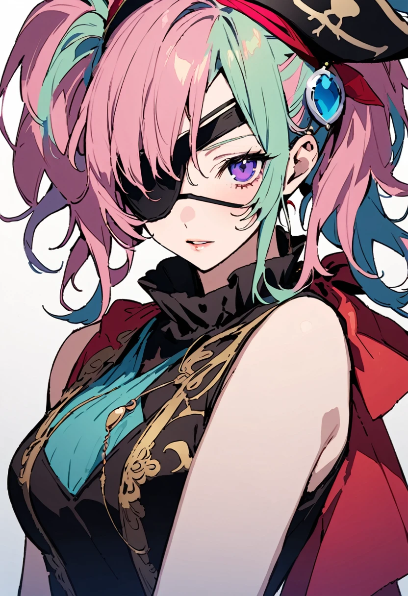 masterpiece, Highest quality, Illustration of the novel, High resolution, 18+ Adult content, Sensual, Intimate, Emotional, Passionate, romantic, sweet, Adorable, Innocent, Pure, charmな, charmな, charm, mysterious, charmな, charmな, Immersive, charmな, dream-like, Surreal, Imaginative, Whimsical, Artistic, Avant-garde, timeless, elegant, Sophisticated, chic, Sophisticated, Personality, original, charmな,((Change the pirate:1.3)),((Eye patch:1.3))、((Upper Body:1.3))