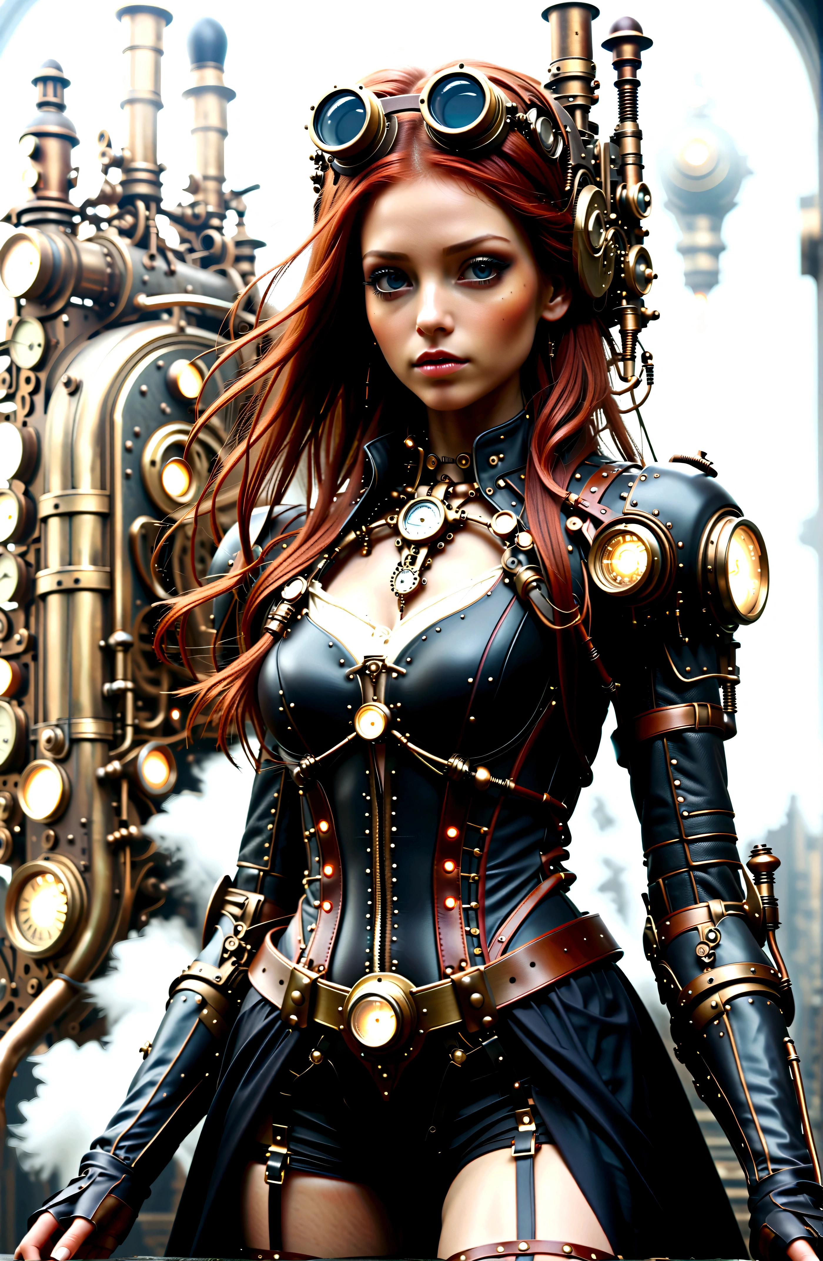 Full body, Full body bild((Masterpiece)),mfbp1, (Best Quality), (Cinematic),(Extremely detailed CG Unity 8k wallpaper), 1 girl, fit,Delicious company, small breasts,(no goggles on face)(very long redhair),one Stunning red-haired steampunk woman who lost her forearm in an accident received a beautifully designed, fine and perfectly fitting robotic prosthesis (steampunk style) as a replacement, posing coolly in front of machines and factories. With this prosthesis she shows us a sealed, delicate poison glass bottle with blue liquid in it. Hand-forearm prosthesis made of brass and leather. She wears tight-fitting clothing (steampunk leather suit with cut-outs on hips and belly and buckles).the forearms are nude to show the prothetic arm, hoes and decorative wielding goggles in her hair on head, also made of brass and leather. The landscape is a bit gloomy, but also impressive.,1 line drawing,make up,steampunk style