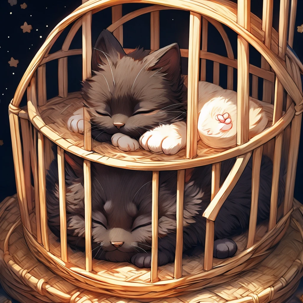 Inside the pet shop、A black kitten sleeping with his eyes closed in a cage