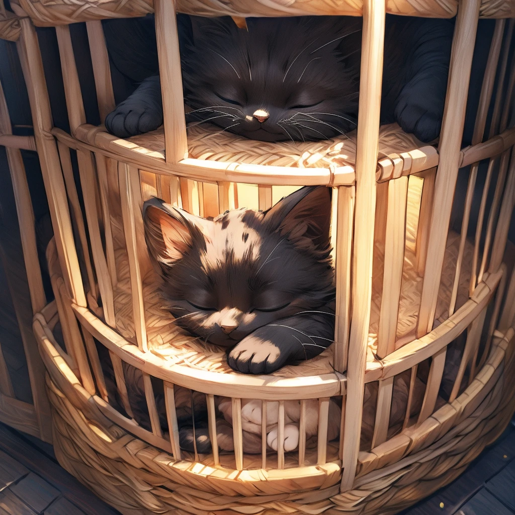 Inside the pet shop、A black kitten sleeping with his eyes closed in a cage