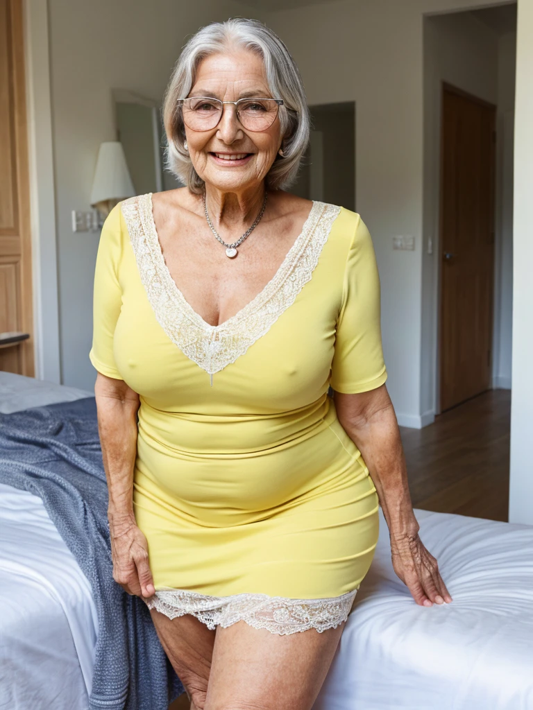 Mature old woman 80 years with silver hair, plus size, old face and body with many wrinkles, smiling, loose skin, standing at bedroom posing for photo, She wearing tight lemon yellow bright dress, large neckline and lace stockings and glasses side view. jaw dropping mature older beauty, old face and body with wrinkles, legs are visible, old face, attractive grandma, a gorgeous old hair, beautiful old grandma, lovely older mature grandma, gorgeous beautiful grandma over 80 years old, beautiful silver hair grandma, beautiful detailed body and face, a beautiful old granny
