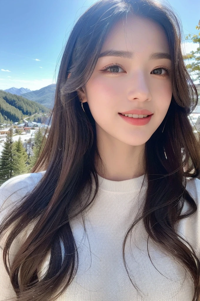 a 22-year-old girl, beautiful detailed eyes, beautiful detailed lips, extremely detailed face, long eyelashes, pale white skin, slim figure, smiling, black hair, fashionable clothing, on a ski mountain, professional high quality photo, HDR, 8K, photorealistic, vivid colors, studio lighting, physically-based rendering, landscape, mountains, snow, sunlight, blue sky, pine trees
