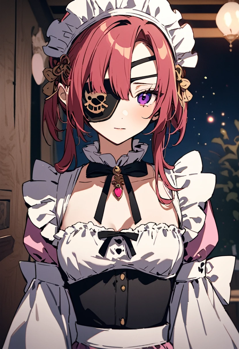 masterpiece, Highest quality, Illustration of the novel, High resolution, 18+ Adult content, Sensual, Intimate, Emotional, Passionate, romantic, sweet, Adorable, Innocent, Pure, Charmな, Charmな, Charm, mysterious, Charmな, Charmな, Immersive, Charmな, dream-like, Surreal, Imaginative, Whimsical, Artistic, Avant-garde, timeless, elegant, Sophisticated, chic, Sophisticated, personality, original, Charmな,((Maid clothes:1.3)),((Loli Pirate:1.3)),((Eye patch:1.3))、((Upper Body:1.3))