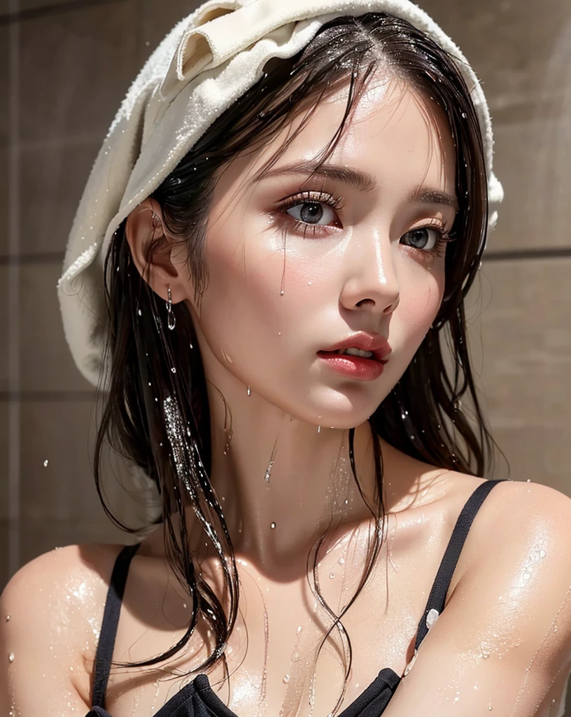 (Best quality, 4k, Masterpiece :1.3), pretty woman, 1girl, sexy :1.1, dark brown hair: 1.1, (shower wet, wet from shower, wet body :1.2), white tank tops, ultra-detailed face, detailed lips, detailed eyes, double eyelid