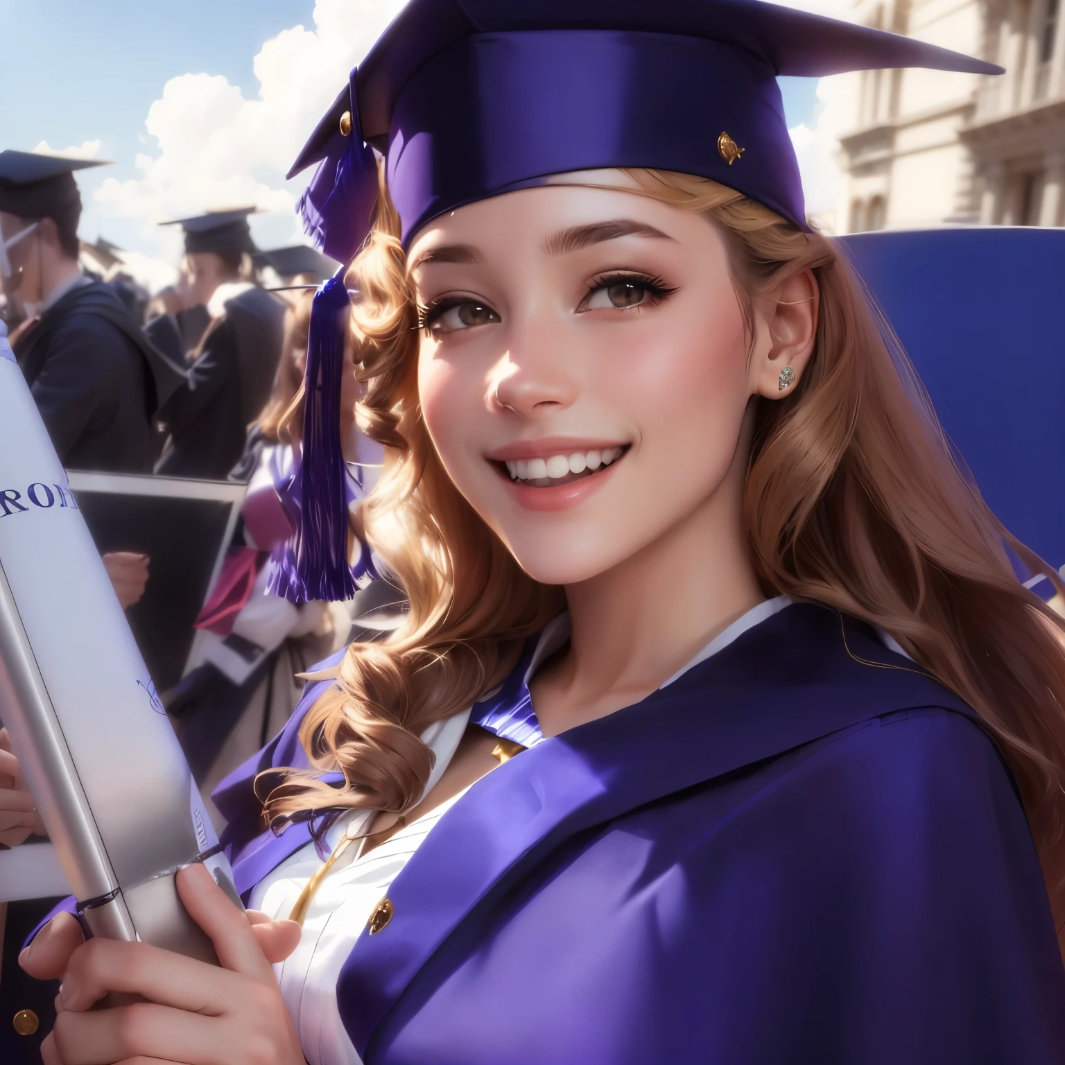 femme souriante en robe de graduation titulaire d&#39;a diploma in a classroom, post-graduation, wear academic dress, student, photo de remise des diplômes, photo pris en 2 0 2 0, exclusif, 1614572159, pas flou, taken with the best DSLR camera, image de profil, slightly blurry, non flou, pris en 2 0 2 0