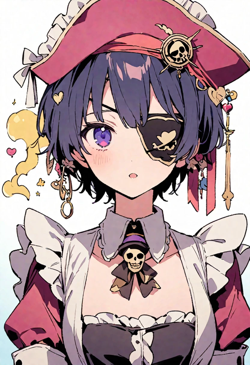 masterpiece, Highest quality, Illustration of the novel, High resolution, 18+ Adult content, Sensual, Intimate, Emotional, Passionate, romantic, sweet, Adorable, Innocent, Pure, Charmな, Charmな, Charm, mysterious, Charmな, Charmな, Immersive, Charmな, dream-like, Surreal, Imaginative, Whimsical, Artistic, Avant-garde, timeless, elegant, Sophisticated, chic, Sophisticated, personality, original, Charmな,((Maid clothes:1.3)),(( Pirate:1.3)),((Eye patch:1.3))、((Upper Body:1.3))