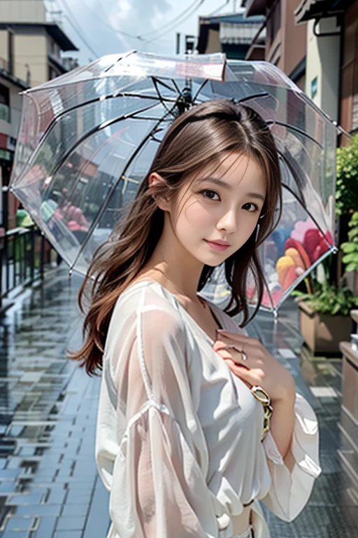 (16k, photorealistic, top quality, super high resolution, masterpiece, raw photo, Japan girl, realistic skin, moisturized skin, perfect model body shape, carefully balanced, sad face, symmetrical eyes, medium hair, brown hair, small breasts), upper body image, upper body close-up, same design (white long blouse, pink long skirt), no sunlight, cloudy sky, heavy rain, with umbrella, It's raining, holding an umbrella