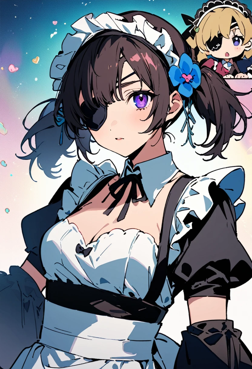 masterpiece, Highest quality, Illustration of the novel, High resolution, 18+ Adult content, Sensual, Intimate, Emotional, Passionate, romantic, sweet, Adorable, Innocent, Pure, Charmな, Charmな, Charm, mysterious, Charmな, Charmな, Immersive, Charmな, dream-like, Surreal, Imaginative, Whimsical, Artistic, Avant-garde, timeless, elegant, Sophisticated, chic, Sophisticated, personality, original, Charmな,((Maid clothes:1.3)),((Loli Pirate:1.3)),((Eye patch:1.3))、((Upper Body:1.3))