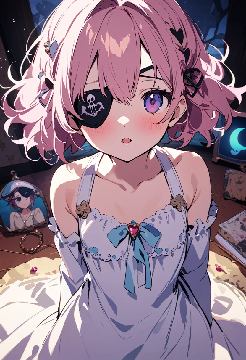 masterpiece, Highest quality, Illustration of the novel, High resolution, 18+ Adult content, Sensual, Intimate, Emotional, Passionate, romantic, sweet, Adorable, Innocent, Pure, Charmな, Charmな, Charm, mysterious, Charmな, Charmな, Immersive, Charmな, dream-like, Surreal, Imaginative, Whimsical, Artistic, Avant-garde, timeless, elegant, Sophisticated, chic, Sophisticated, personality, original, Charmな,((Loli Pirate:1.3)),((Eye patch:1.3))、((Upper Body:1.3))