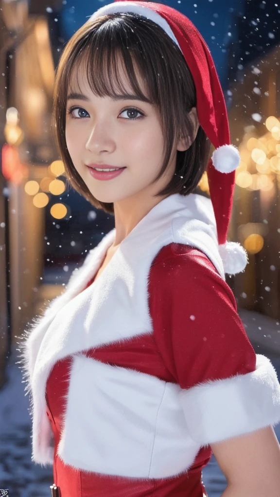 1girl, (santa claus costume slim fit:1.5), symmetry,(beautiful cute ultra young girl:2.0), (slender woman body:1.5), (ultra short hair:1.75), ultra big smile, (Beautiful large round droped detailed eyes:1.25), beautiful detailed lips, (extremely detailed beautiful face, natural makeup, Incredibly beautiful skin:2.0), (best quality,4k,8k,highres,masterpiece:1.75),(ultra-detailed,realistic,photorealistic,photo-realistic:2.0),professional,vivid colors,studio lighting,(snowing night town,christmas eve:1.25)