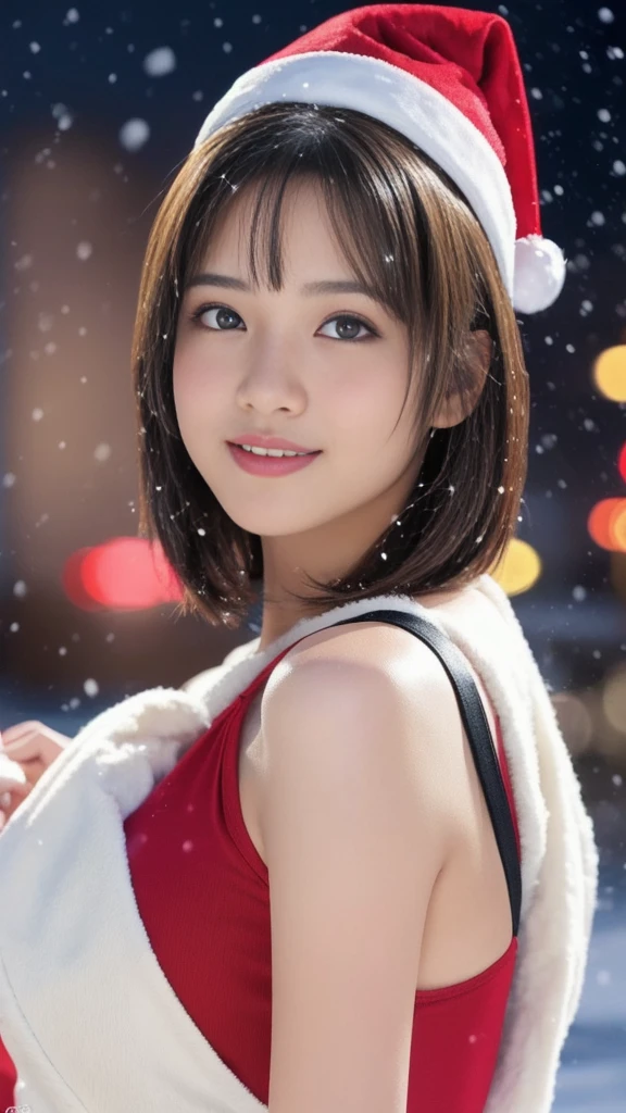 1girl, (santa claus costume slim fit:1.5), symmetry,(beautiful cute ultra young girl:2.0), (slender woman body:1.5), (ultra short hair:1.75), ultra big smile, (Beautiful large round droped detailed eyes:1.25), beautiful detailed lips, (extremely detailed beautiful face, natural makeup, Incredibly beautiful skin:2.0), (best quality,4k,8k,highres,masterpiece:1.75),(ultra-detailed,realistic,photorealistic,photo-realistic:2.0),professional,vivid colors,studio lighting,(snowing night town,christmas eve:1.25)