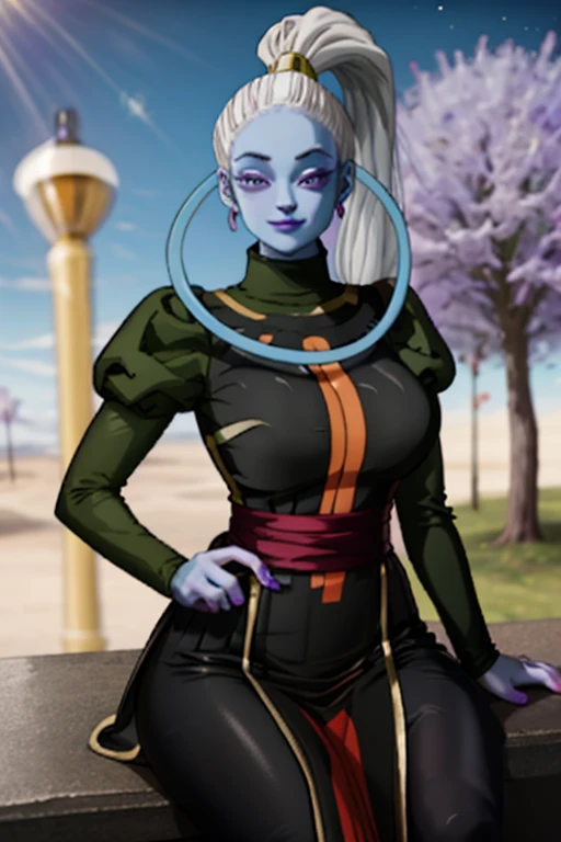 Dress_DragonBallSuper_Vados_ownwaifu, ultra detailed, ((photo realistic)), masterpeace, ((cutesexyrobutts style)) , 
1girl, blue skin, white hair, hair pulled back, high ponytail, purple eyes, colored skin, alien, long hair, very long hair, lipstick, makeup, purple lips, breasts, large breasts, cleavage, down blouse, eyelashes,  jewelry, purple nails,
puffy sleeves, long sleeves, dress, juliet sleeves, sash, green skirt,  puffy long sleeves, turtleneck,
((masterpiece)),((best quality)),(highres, absurdres), depth_of_field, scenery, spotlight, looking at viewer, solo, cowboy shot, sharp, clean black lines