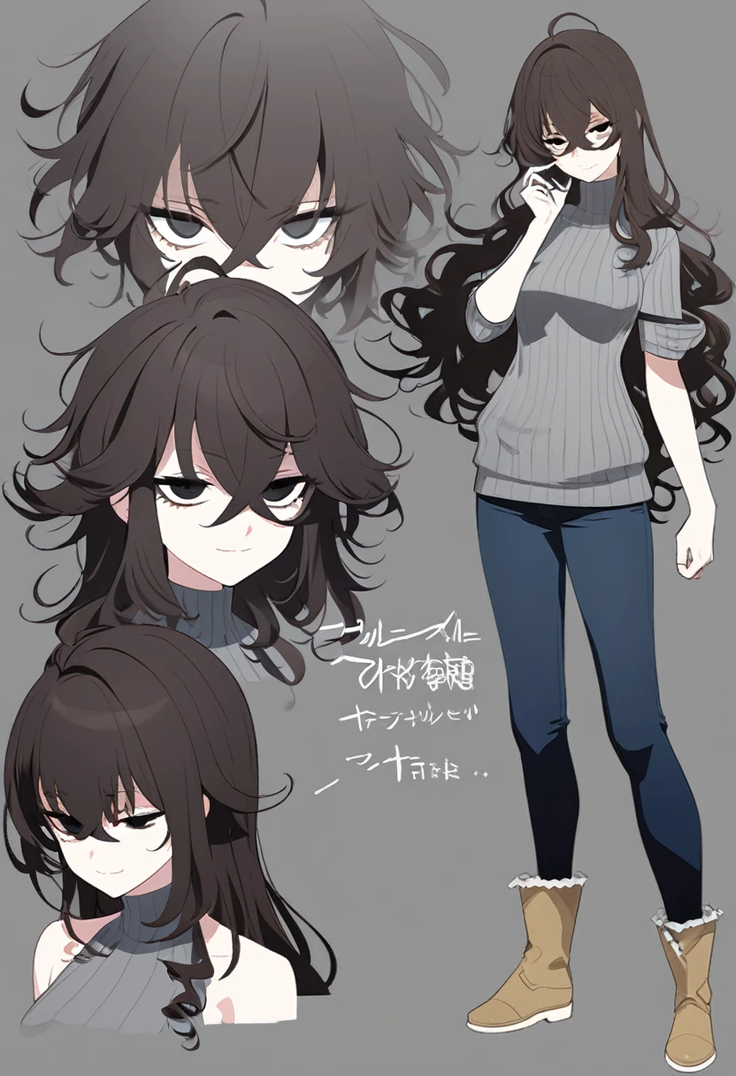 One Woman,Downer,older sister,Concept Art,Dark brown hair,Straight hair with slight inward curls,Staring eyes,Eye Ridge,black eye,Crossed bangs,whole body,smile,Slightly larger breasts,Gray background,Bangs that reach down to the eyes,Messy hair,Tight dark jeans,Gray turtleneck sweater,Multiple views of the same character,Character Design,Dark circles under the eyes,Bad look,Listless,Sloppy,Silver Jewelry,Cafe staff,Holding a cigarette,whole bodyCharacter Design,Detailed hands,Height: 170cm,boots,fleshy,
