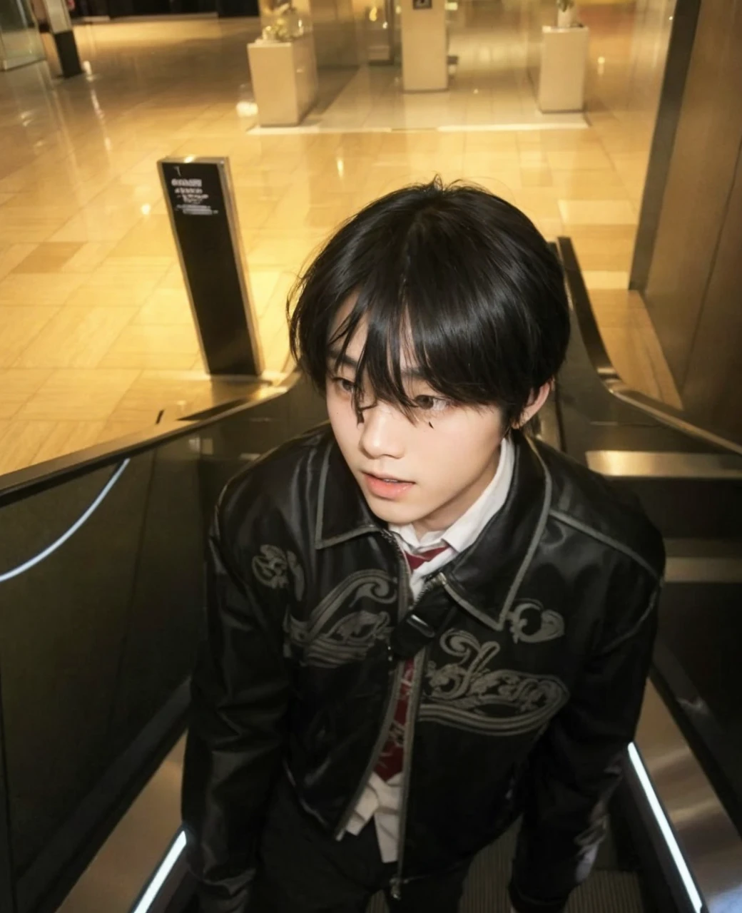 An Asian boy with delicate features riding the elevator