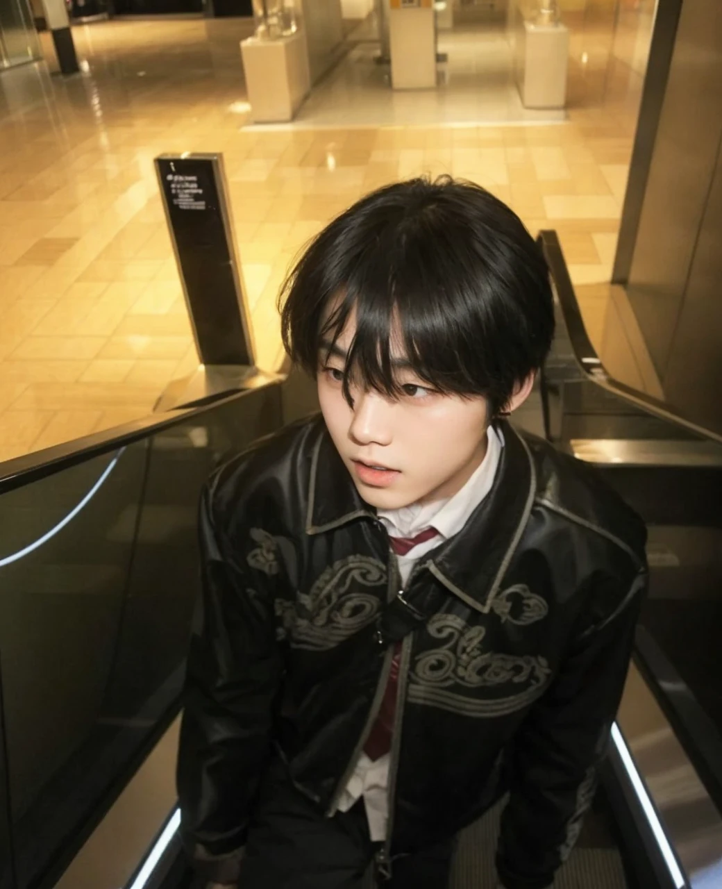 An Asian boy with delicate features riding the elevator