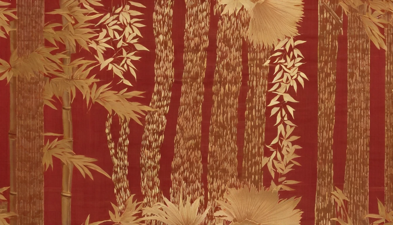 Kyoto, noren curtain, Ito Jakuchu, Japanese style, Nishijin weaving, deep crimson, gold leaf, pleasure quarters, Japan, Kojiki, blend of past and present, simplicity, ancient, new design, Japanese patterns, bamboo, flowing water, high quality, high resolution, detailed, 8K resolution