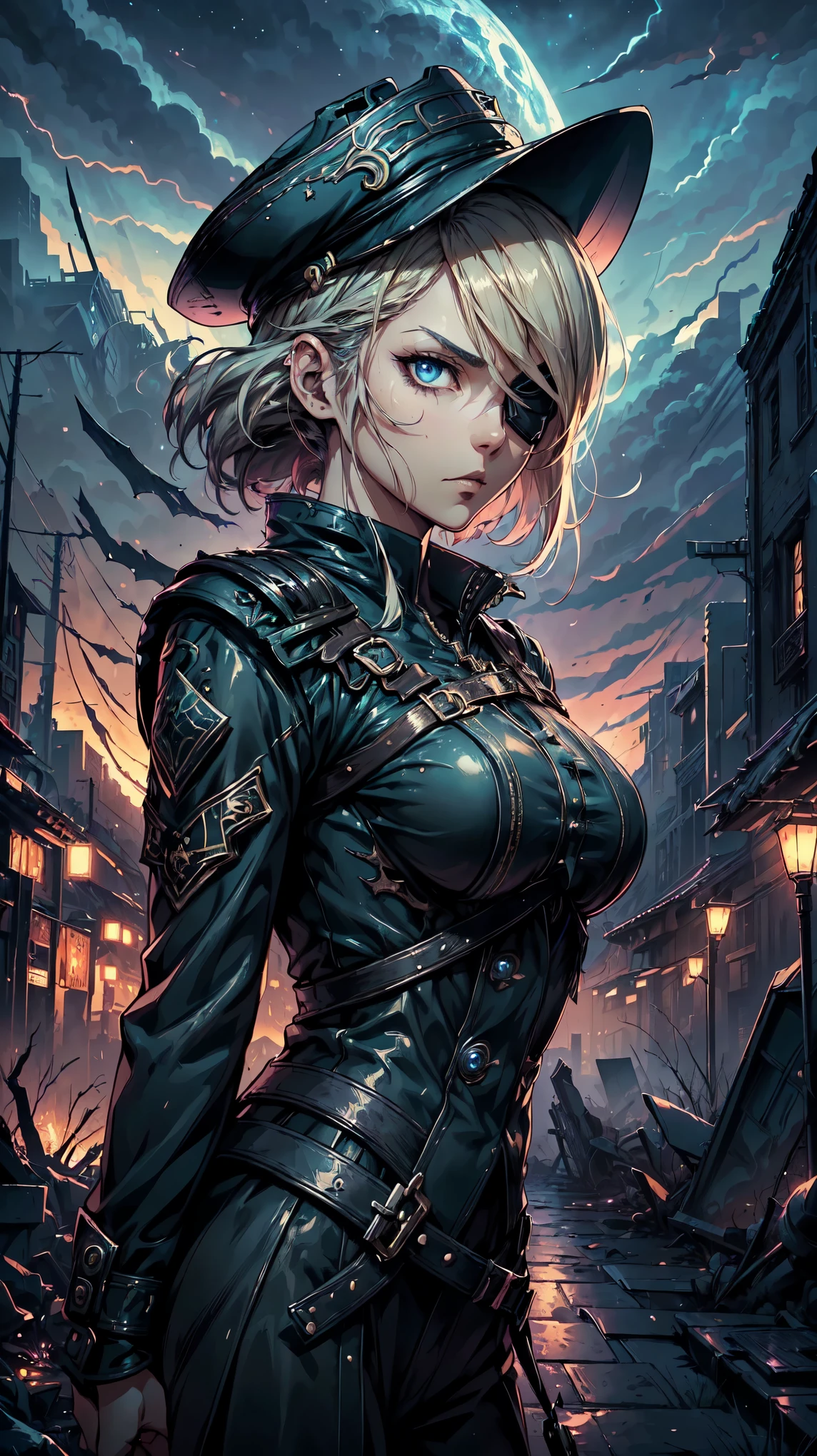 (8k, RAW Photos, 最high quality, masterpiece:1.2), High-quality RAW color photos, Professional photography, Cinematic Light, alone, ((hero girl)), Attache, Portrait of a Hero, A very delicately crafted award, Military uniforms and hats, ((Eye patch:1.3, 装飾が施されたEye patch))(blonde, Blue colored eyes, short hair), (Slim figure:1.4), Flowing hair, (A strong and determined look, Face Close Up:1.4), ((Night Sky, Otherworldly landscapes, Background of the ruined city:1.4)), 最high quality, Very detailed, Dark, Dramatic lighting, High resolution, Sharp focus, Gazing Eyes, Beautiful Skin, Shiny skin, Deep shadows and highlights, Background blur, high quality, Bright colors, Realistic light and shadow with attention to detail, Immersive 3D Rendering, Professional 3D Art,