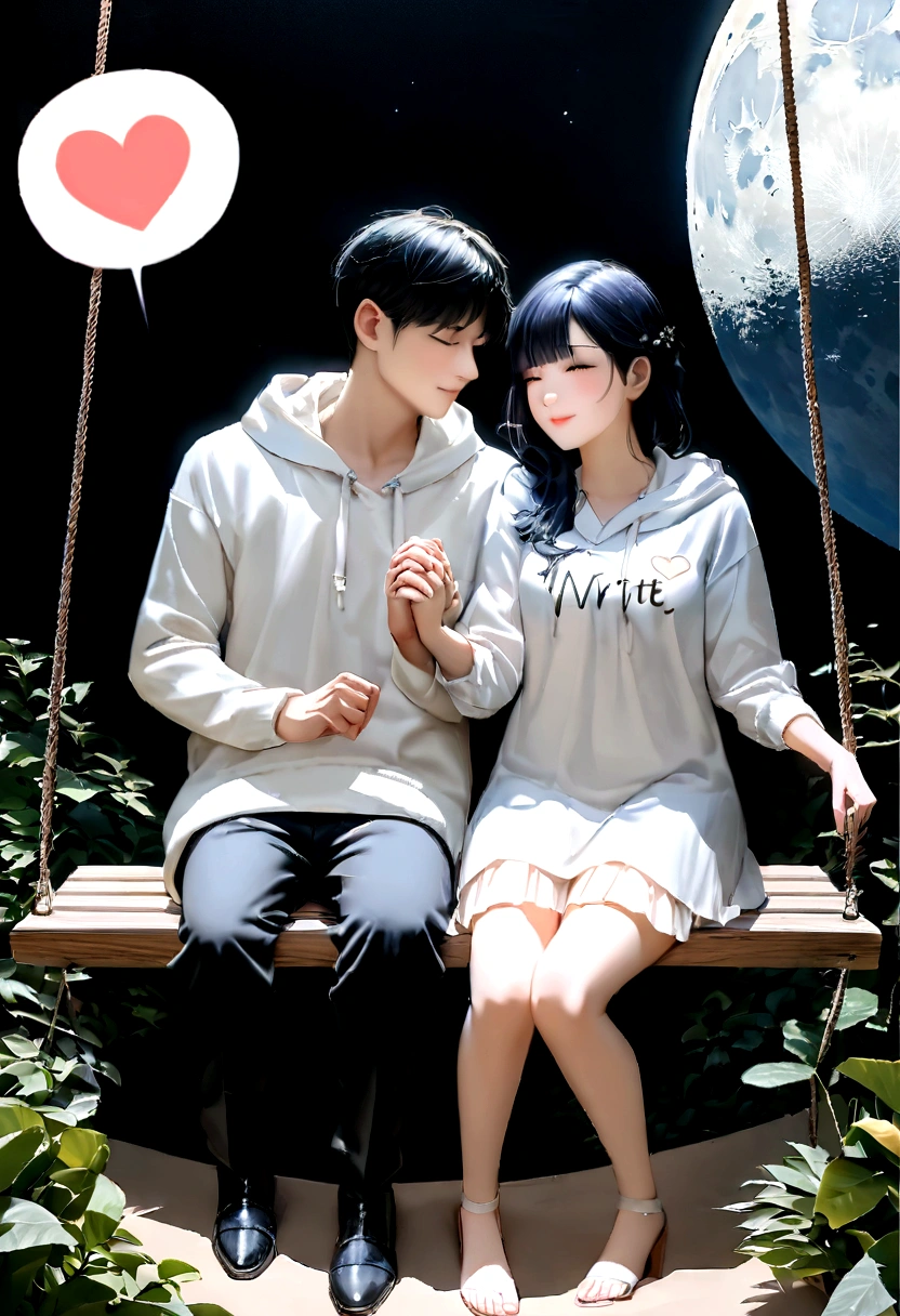 There are 20 Year old couple sitting if front on a swing in the Dubai beach beautiful greenery view, wearing a black and white hoodie, boy with name "Shakeel" write on it,girl with name "Rashmi" write on it lovely couple, sitting on a moon, heart emoji, holding hands in the moonlight realistic art painting detail photo