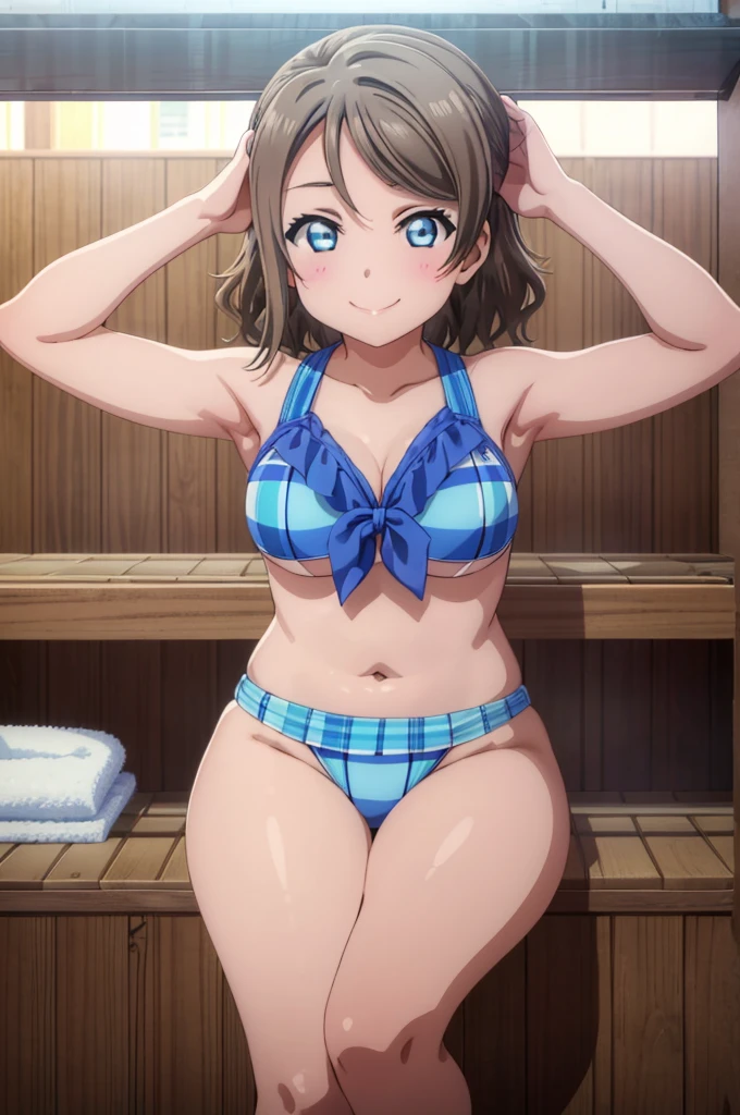(((pixel-perfect, detail-perfect))), solo, 1girl, you watanabe, eyes azzur, smile, bikini, sauna, armpit, big filesize, ultra High Qality