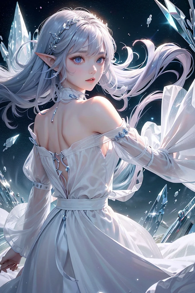 (masterpiece、Highest品質、Highest、Official Art、Beautiful and aesthetic、Long Exposure:1.2)、Smooth movement、Attractive patterns、One Girl、(Long dress with sleeves:1.3)、(((White clothes)))、Upper body close-up、Exposing shoulders、Korean Girls、smile、Light purple long hair、Portraiture、solo、Upper body、Looking at the observer、Detailed Background、Detailed face、(Crystallized AI、Crystal Theme:1.1)、Elemental Wind Elf、回転Wind、 Wind、White crystal clothes、Off the shoulder、Dynamic pose、Suspended particles、Aether Dynamics、旋Wind、vapor、背景に旋Wind、White Tone、旋Wind、Ethereal atmosphere、