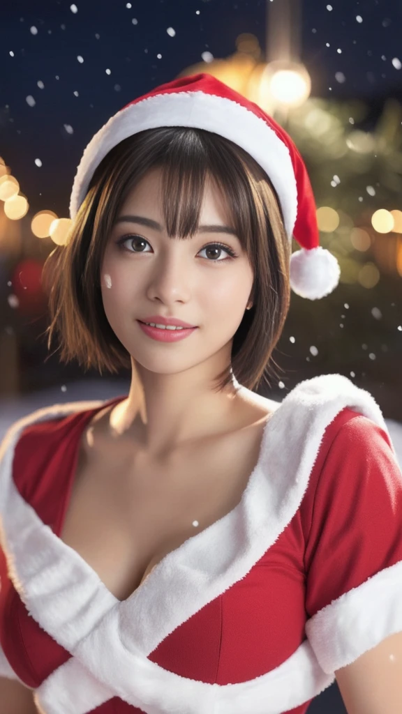 1girl, (santa claus costume slim fit:1.5), symmetry,(beautiful cute ultra young girl:2.0), (slender woman body:1.5), (ultra short hair:1.75), ultra big smile, (Beautiful large round droped detailed eyes:1.25), beautiful detailed lips, (extremely detailed beautiful face, natural makeup, Incredibly beautiful skin:2.0), (best quality,4k,8k,highres,masterpiece:1.75),(ultra-detailed,realistic,photorealistic,photo-realistic:2.0),professional,vivid colors,studio lighting,(snowing night town,christmas eve:1.25)