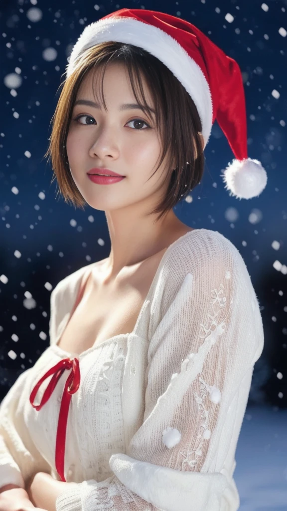 1girl, (santa claus costume slim fit:1.5), symmetry,(beautiful cute ultra young girl:2.0), (slender woman body:1.5), (ultra short hair:1.75), ultra big smile, (Beautiful large round droped detailed eyes:1.25), beautiful detailed lips, (extremely detailed beautiful face, natural makeup, Incredibly beautiful skin:2.0), (best quality,4k,8k,highres,masterpiece:1.75),(ultra-detailed,realistic,photorealistic,photo-realistic:2.0),professional,vivid colors,studio lighting,(snowing night town,christmas eve:1.25)