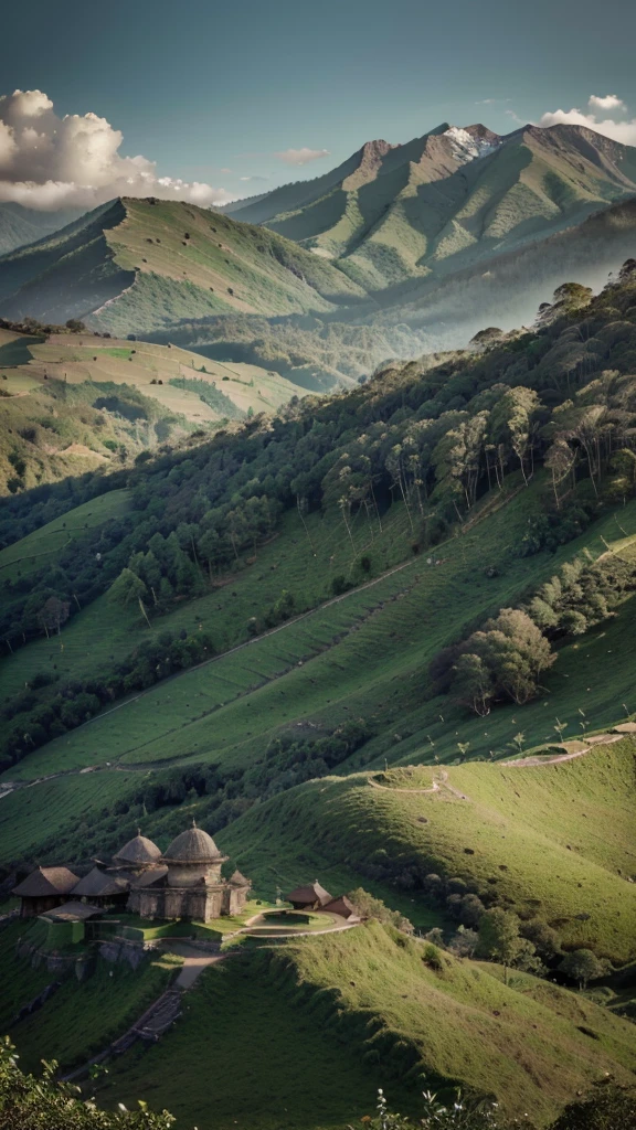 a majestic mountain landscape in indonesia, rolling hills, lush green foliage, ancient ruins, atmospheric lighting, breathtaking scenery, (best quality,4k,8k,highres,masterpiece:1.2),ultra-detailed,(realistic,photorealistic,photo-realistic:1.37),cinematic composition,dramatic shadows,warm color tones,natural lighting,detailed textures,intricate details,sweeping vistas