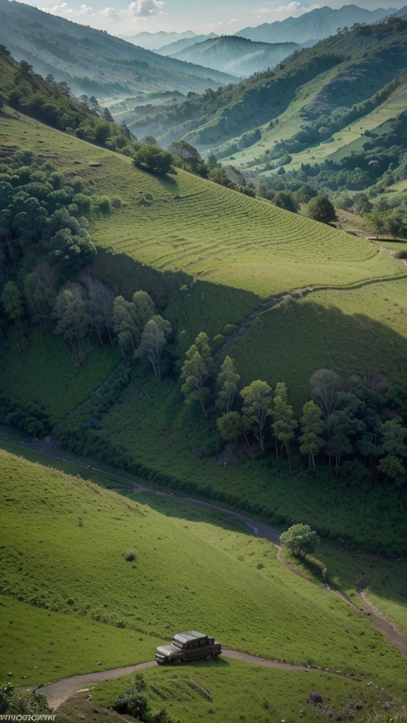 a majestic mountain landscape in indonesia, rolling hills, lush green foliage, ancient ruins, atmospheric lighting, breathtaking scenery, (best quality,4k,8k,highres,masterpiece:1.2),ultra-detailed,(realistic,photorealistic,photo-realistic:1.37),cinematic composition,dramatic shadows,warm color tones,natural lighting,detailed textures,intricate details,sweeping vistas
