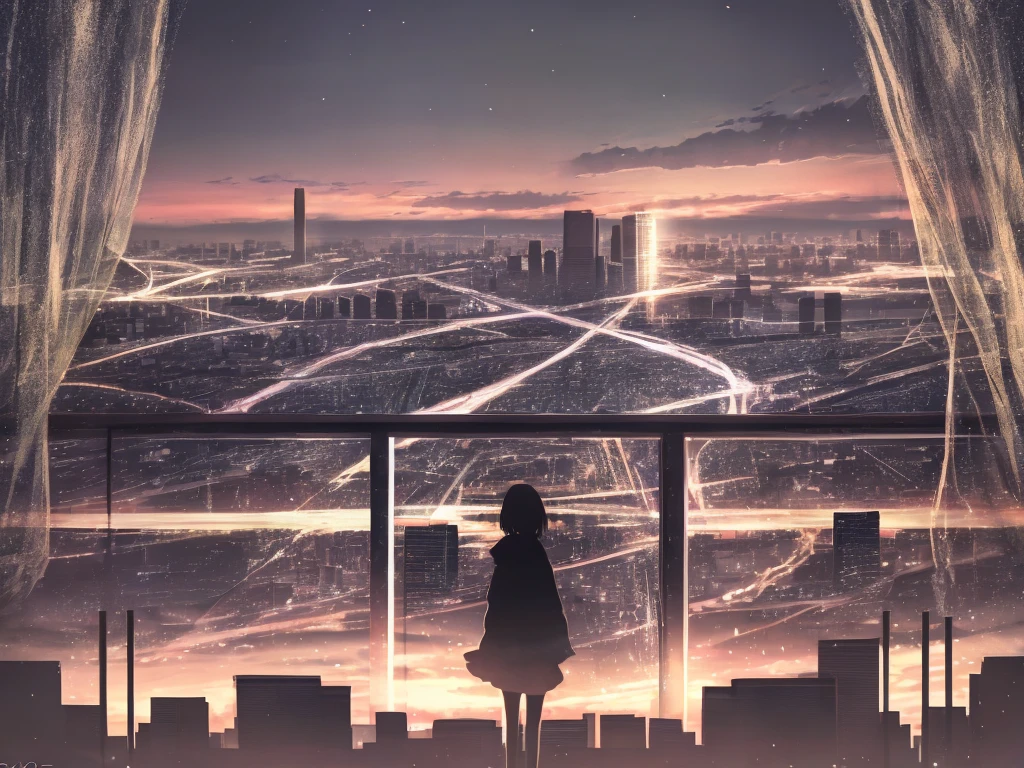 anime,silhouette,One girl, headphone、Back view、blonde、Grab the microphone、sing、star (null), cloud, cityscape, building, city, Outdoor, nullscraper, city lights, night, night null, sunset, nullline,night、dark